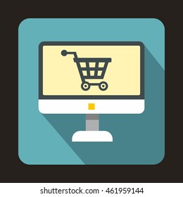 Purchase at online store through computer icon in flat style with long shadow. Payment symbol