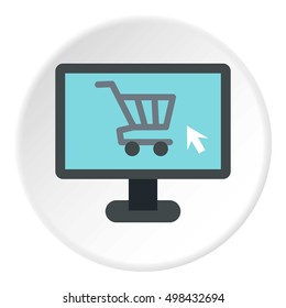Purchase at online store through computer icon. Flat illustration of purchase at online store through computer vector icon for web