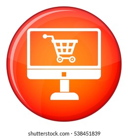 Purchase at online store through computer icon in red circle isolated on white background vector illustration