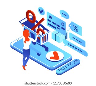 purchase in an online store through a smartphone. A shopping basket with a discount percent icon. The girl reaches out for a discount. isometric 3d