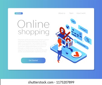 purchase in an online store through a smartphone. A shopping basket with a discount percent icon. The girl reaches out for a discount. isometric 3d