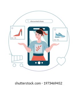 Purchase in the online store via the app in your phone. A stylish girl chooses shoes with a discount. A convenient way to make purchases remotely. Vector illustration in a flat style.