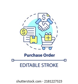 Purchase order concept icon. Type of contract abstract idea thin line illustration. Ordering goods from supplier. Isolated outline drawing. Editable stroke. Arial, Myriad Pro-Bold fonts used