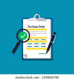 Purchase order form with magnifying glass and pen isolated with blue background.