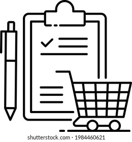 Concepto de lista de pedidos de compra, Diseño de iconos de vectores de carro o carro de compradores, Símbolo de negocio y gestión, Signo de banco y finanzas, ilustración de ECommerce y material de entrega 
