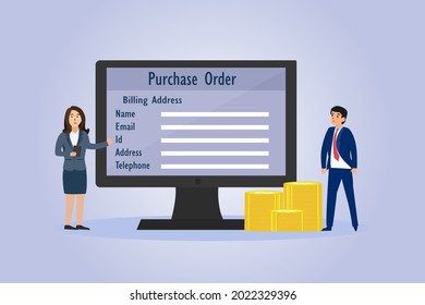 Purchase Order vector concept. Business people with purchase order form and billing address on the computer monitor