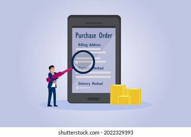 Purchase Order vector concept. Businessman analyzing purchase order form on mobile phone