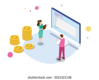Purchase order vector concept. Two business people standing with purchase order form on the computer screen