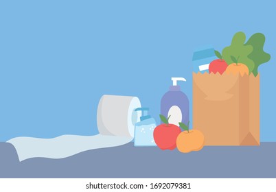 purchase paper bag with fruits food and toilet paper and bottle soap, shopping excess vector illustration