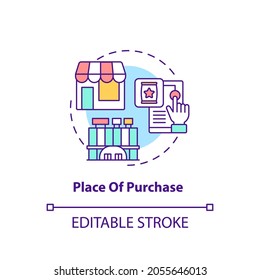 Purchase place concept icon. Customer behavior pattern idea thin line illustration. Sale point. Going into store, mall. Electronic commerce. Vector isolated outline RGB color drawing. Editable stroke