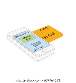 Purchase a plane ticket through online banking service. Concept of shopping on the Internet. vector illustration.