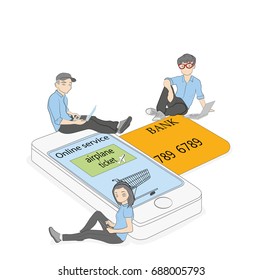 Purchase a plane ticket through online banking service. Concept of shopping on the Internet. vector illustration.