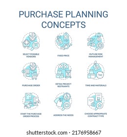 Purchase planning turquoise concept icons set. Procurement order idea thin line color illustrations. Risk management. Isolated symbols. Editable stroke. Roboto-Medium, Myriad Pro-Bold fonts used