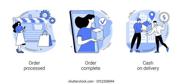 Purchase process abstract concept vector illustration set. Order processed, complete, cash on delivery, online store, e-commerce website, shipping details, delivery service abstract metaphor. svg