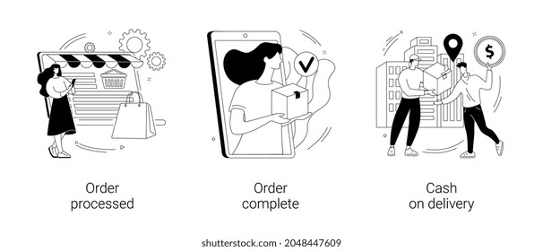 Purchase process abstract concept vector illustration set. Order processed, complete, cash on delivery, online store, e-commerce website, shipping details, delivery service abstract metaphor.