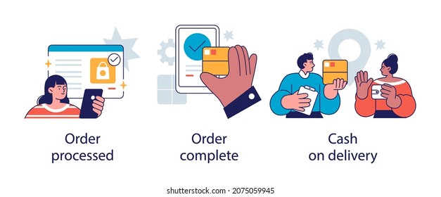 Purchase process abstract concept vector illustration set. Order processed, complete, cash on delivery abstract metaphor.