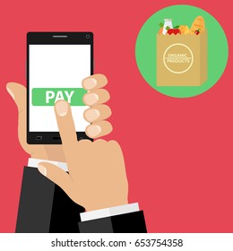 Purchase of products through the phone, order goods via the Internet. Flat design, vector illustration, vector.