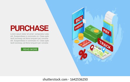 Purchase, purchases over internet flat isometric scheme, order, track and shipping vector illustration. Sale of goods via internet, infographics of purchase web banner.