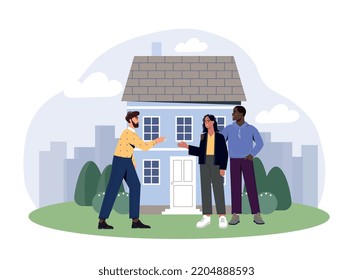 Purchase of real estate. Man and woman make deal, shake hands. Poster or banner for website. Financial literacy, economics and trading, passive income concept. Cartoon flat vector illustration