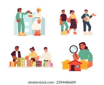 Compra propiedades inmobiliarias conjunto de conceptos de ilustración 2D. Agente inmobiliario, compradores diversos personajes de dibujos animados aislados, fondo blanco. Metáfora de realidad o colección gráfica de vector plano abstracto