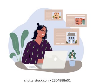 Purchase of real estate. Young girl sits at laptop, woman chooses apartment or building. Investing and financial literacy, passive income. Realtor evaluates deals. Cartoon flat vector illustration