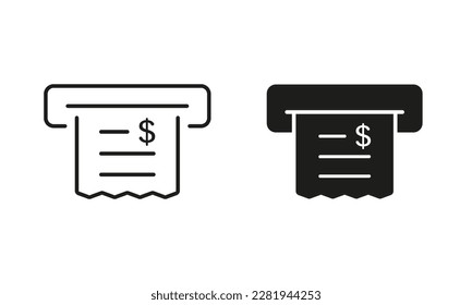 Purchase Receipt, Financial Paper Line and Silhouette Icon Set. Payment Total Price Pictogram. Tax Bill Symbol Collection on White Background. Invoice with Dollar Sign. Isolated Vector Illustration.