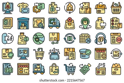 Purchase returns icons set outline vector. Shipping receive. Refund store color flat isolated