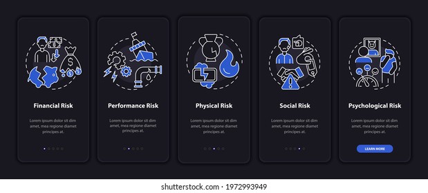 Purchase risk aspects onboarding mobile app page screen with concepts. Finance, performance walkthrough 5 steps graphic instructions. UI, UX, GUI vector template with linear night mode illustrations