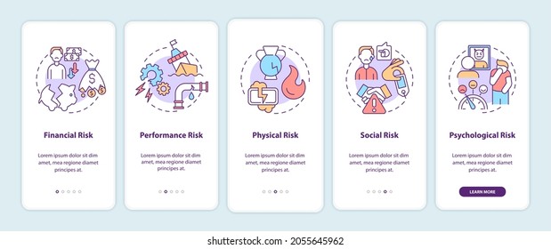 Purchase risk factors onboarding mobile app page screen with concepts. Financial, physical risks walkthrough 5 steps graphic instructions. UI, UX, GUI vector template with linear color illustrations