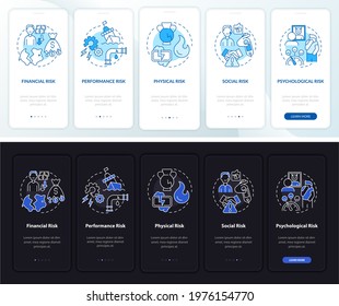 Purchase risks onboarding mobile app page screen with concepts. Injury, social status walkthrough 5 steps graphic instructions. UI, UX, GUI vector template with linear night and day mode illustrations