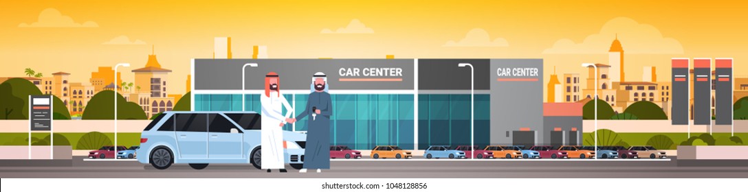 Purchase Sale Or Rental Center Arab Seller Man Giving Keys To Owner Car Showroom Background Horizontal Banner