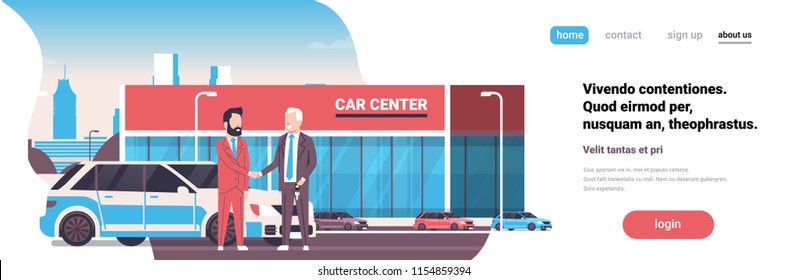 Purchase sale rental center seller man Giving Keys To Owner Car Showroom Background Horizontal Banner