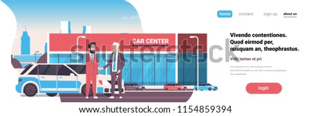 Purchase sale rental center seller man Giving Keys To Owner Car Showroom Background Horizontal Banner