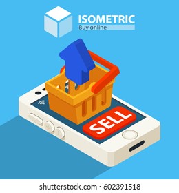 Purchase, sale. shopping cart. isometric
