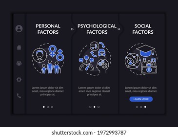 Purchase select factors onboarding vector template. Responsive mobile website with icons. Web page walkthrough 3 step screens. Psychological, social aspect night mode concept with linear illustrations