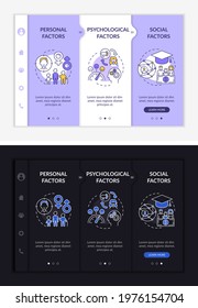 Purchase selection onboarding vector template. Responsive mobile website with icons. Web page walkthrough 3 step screens. Personal factors night and day mode concept with linear illustrations