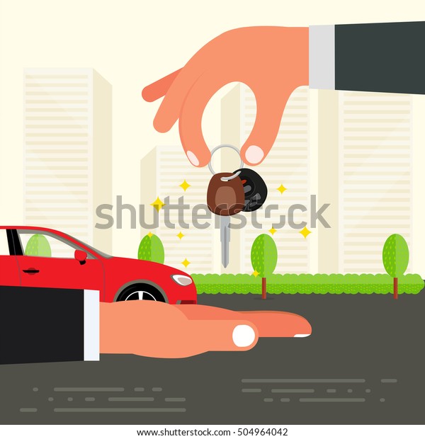 Purchase, sell or buying of car \
concept design. Seller hand holding car key and passing it to\
buyer. Successful deal or driving test exam vector\
illustration.