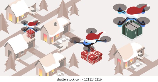 Purchase and send a Christmas gift . Delivering by drones to doors. Gifts in bright boxes. Christmas sale. Winter houses in town or village. isometric 3d