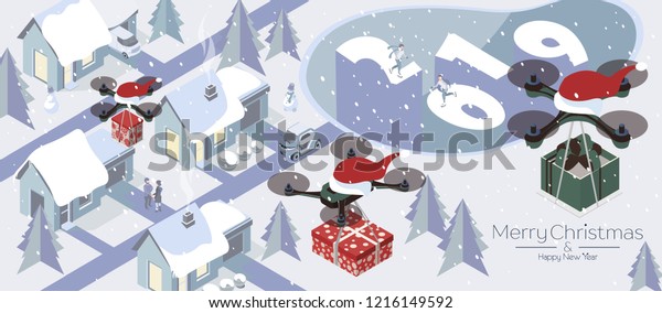 Purchase and send a Christmas\
gift . Delivering by drones to home. Gifts in bright boxes.\
Christmas sale. Winter houses in town or village. New Year 2019.\
isometric 3d