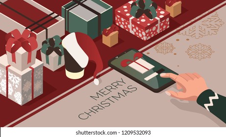 Purchase and send a Christmas gift through the app. Gifts in bright boxes. isometric 3d