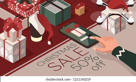 Purchase and send a Christmas gift through the app. Delivering by drones. Gifts in bright boxes. Christmas sale. isometric 3d