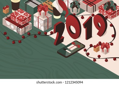 Purchase and send a New Year gift through the app. Gifts in bright boxes. isometric 3d