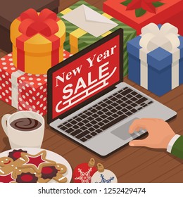 Purchase and send a new Year. Gifts in bright boxes. new Year sale. isometric 3d