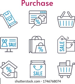 purchase set. included online shop, shopping bag, mortgage, shopping cart, shopping-basket, trolley icons. bicolor styles.