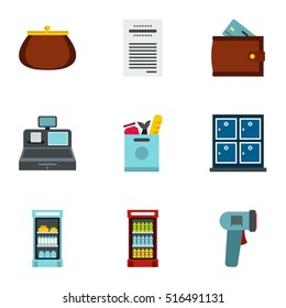 Purchase in shop icons set. Flat illustration of 9 purchase in shop vector icons for web