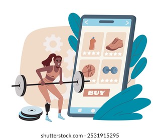 Purchase of sporting goods online. Woman with barbell in her hands near smartphone with natural supplements. Store on internet. Flat vector illustration isolated on white background