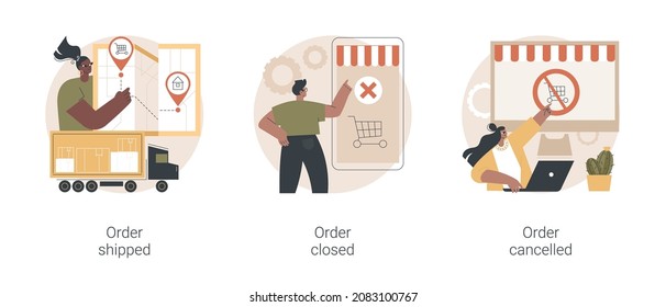 Purchase status abstract concept vector illustration set. Order shipped, customer account, personal data, order closed, e-commerce store notification, purchase cancelled abstract metaphor.