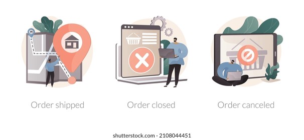 Purchase status abstract concept vector illustration set. Order shipped, customer account, personal data, order closed, e-commerce store notification, purchase cancelled abstract metaphor.
