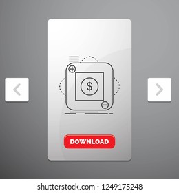 purchase, store, app, application, mobile Line Icon in Carousal Pagination Slider Design & Red Download Button