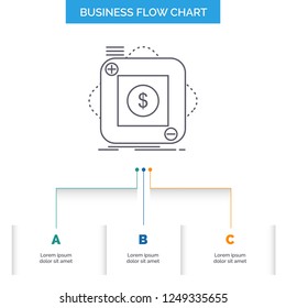 purchase, store, app, application, mobile Business Flow Chart Design with 3 Steps. Line Icon For Presentation Background Template Place for text